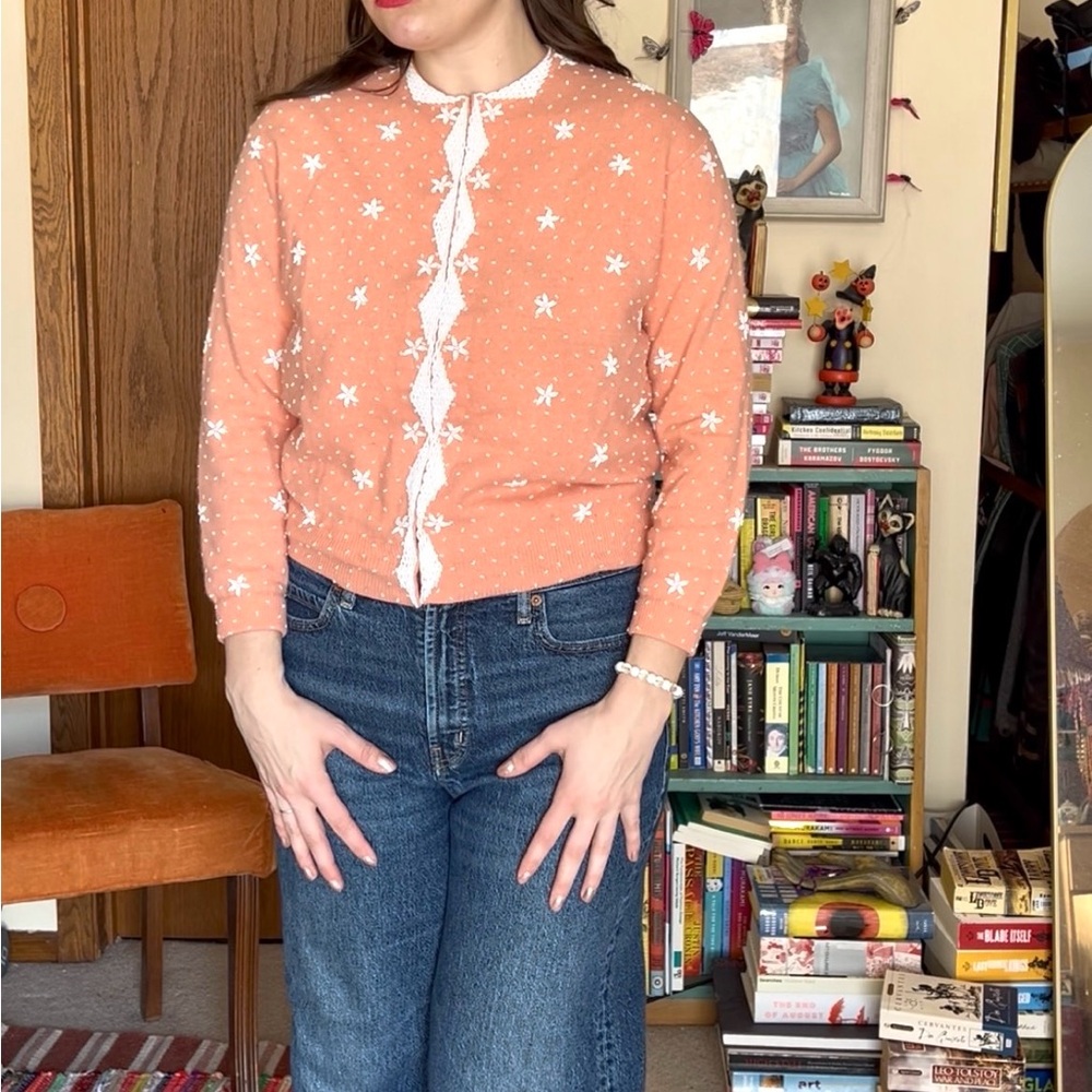 Peach Cardigan with White Beading